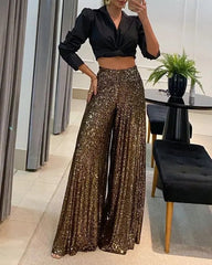 High-waisted sequined loose wide-leg pants