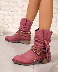 Braided straps tassel mid-calf boots