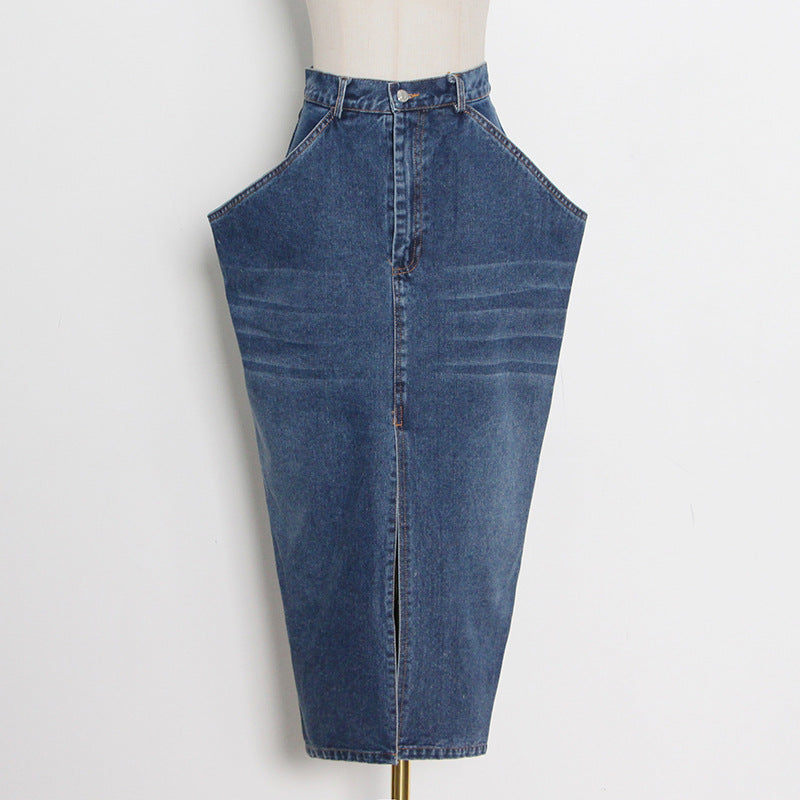 Irregular Large Pocket Small Slit Denim Skirt