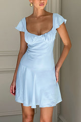 Blue Satin Square Neck A-Line Dress