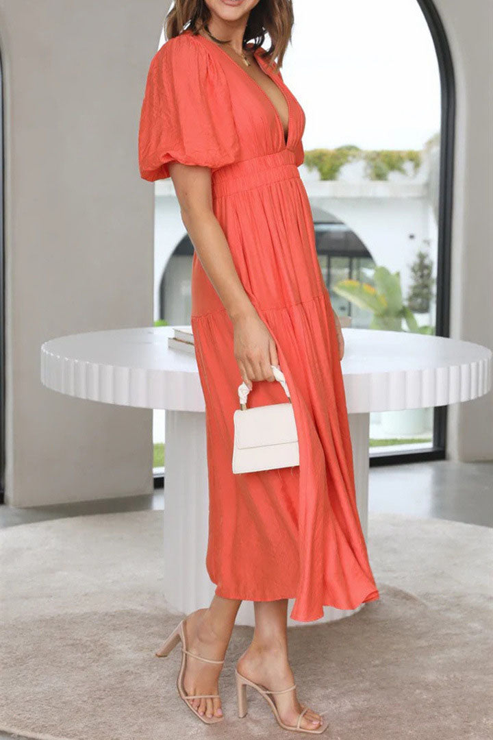 Lantern Sleeve V-neck Cinched Waist Midi Dress