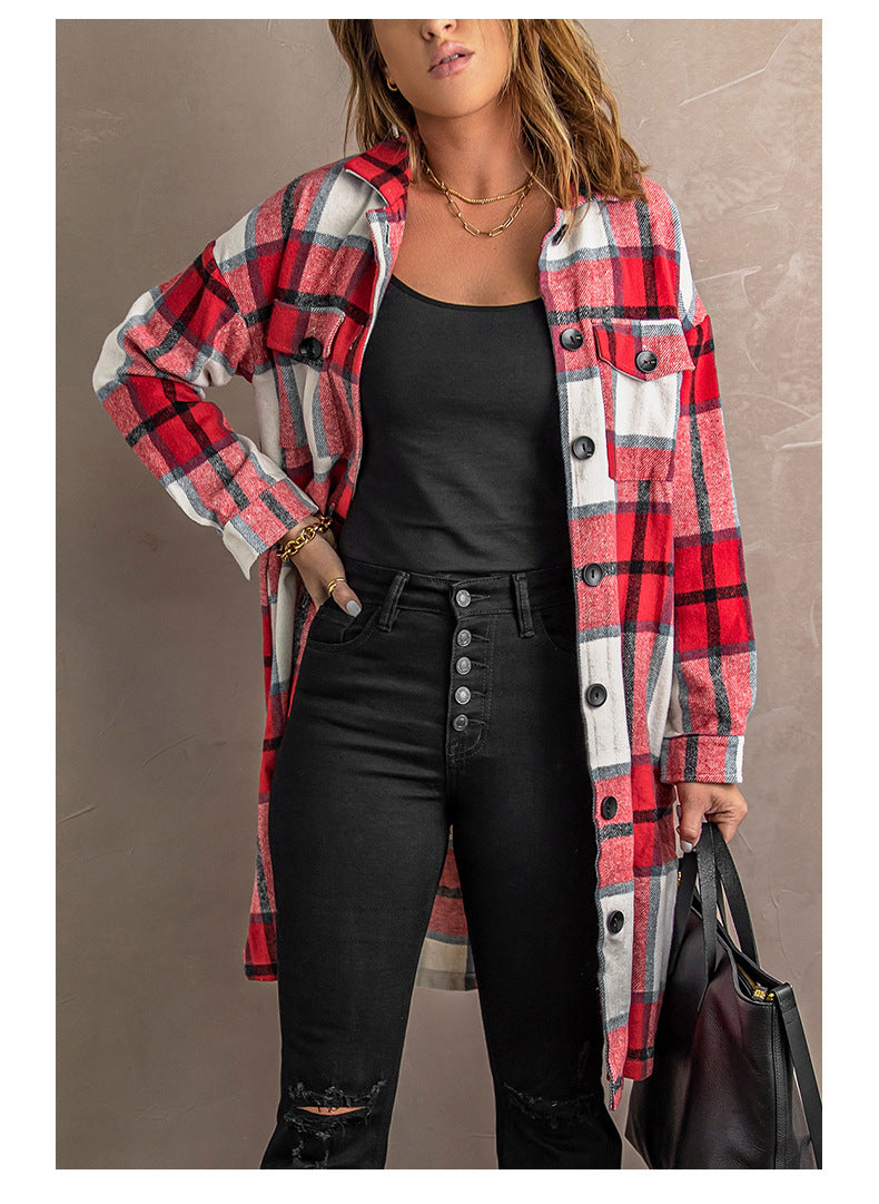 Lapel Knit Long casual Tweed Plaid Jacket