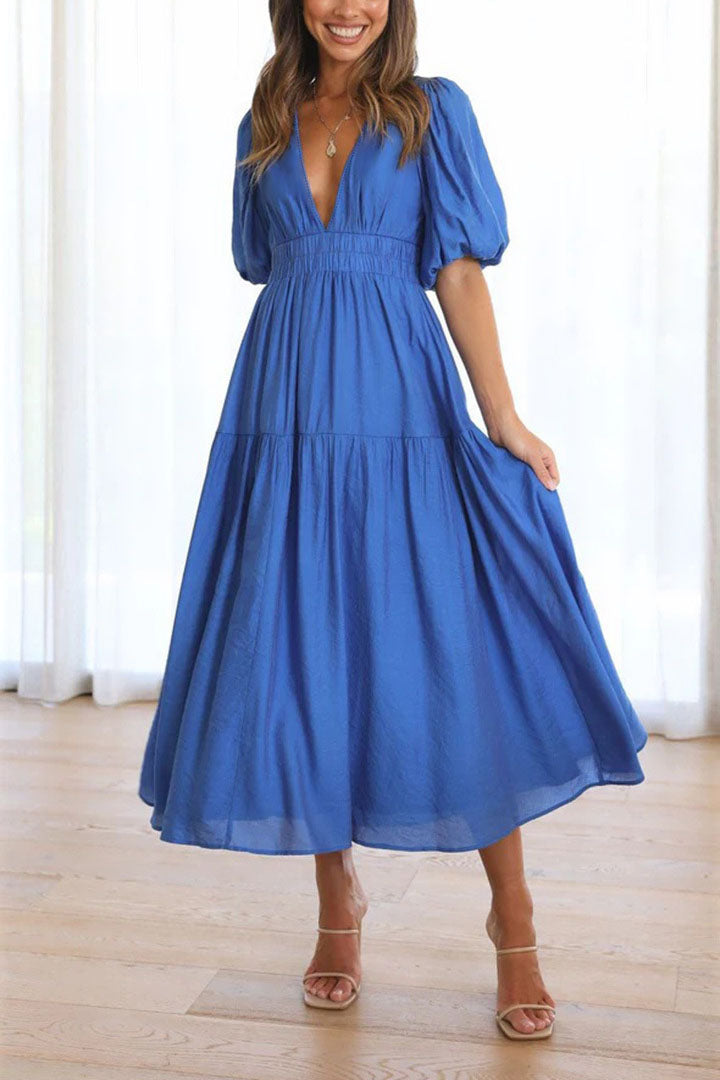 Lantern Sleeve V-neck Cinched Waist Midi Dress