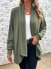 Irregular neckline ribbed knitted cardigan