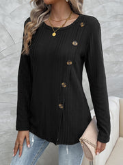 Black crew neck slanted button knit top