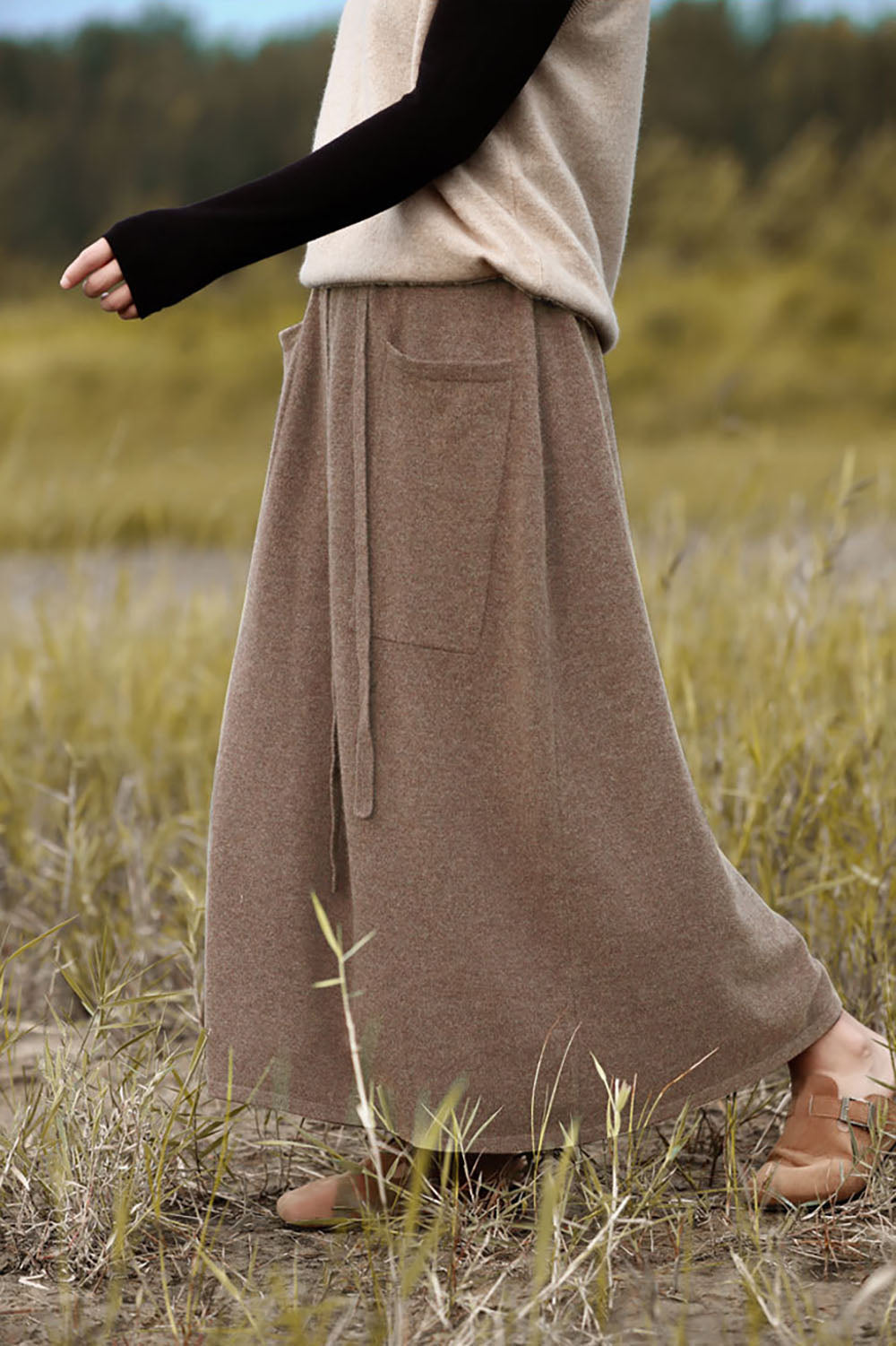 100% Pure Wool High-Waisted Pockets A-line Skirt