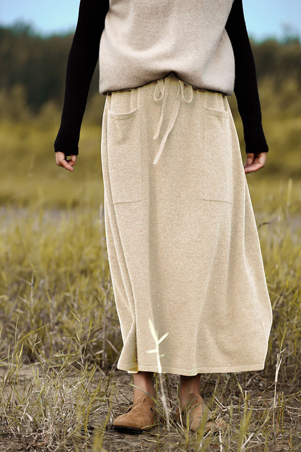 100% Pure Wool High-Waisted Pockets A-line Skirt