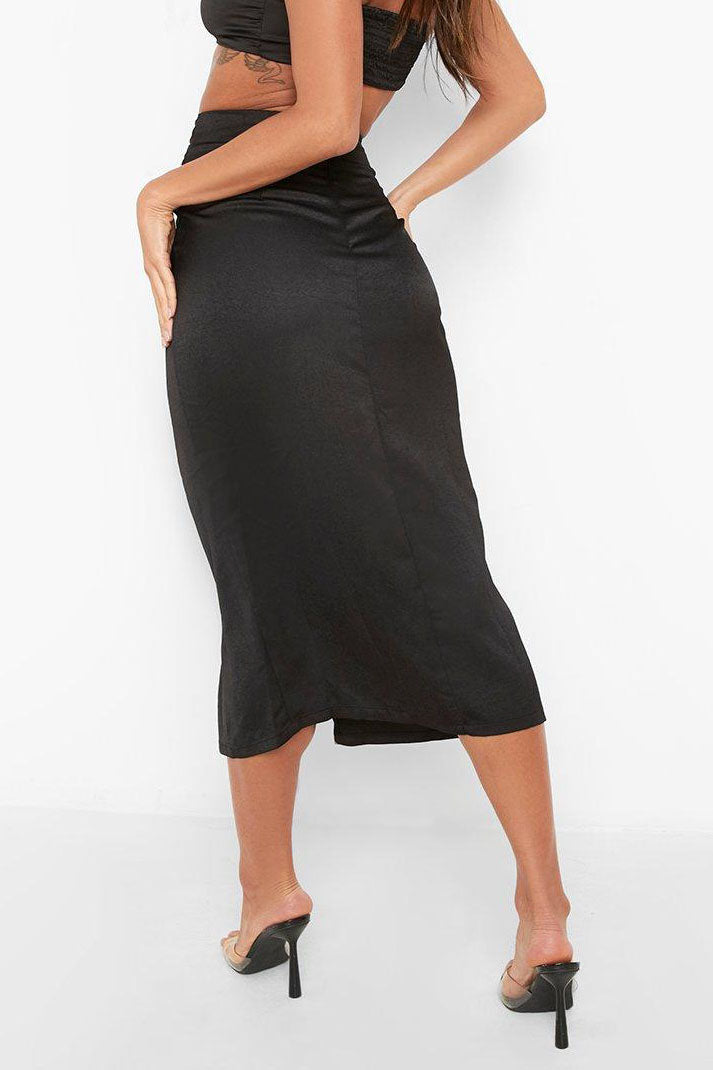 High Waist Irregular Solid Satin Slit Skirt