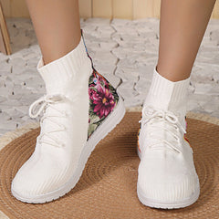 High-top round toe lace-up elastic sock boots