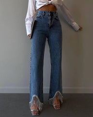 High-Waisted Straight Leg Tassel-Trimmed Hem Jeans