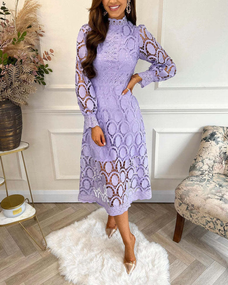 Hollow-out Lace Stand Collar Bubble Sleeve Dress