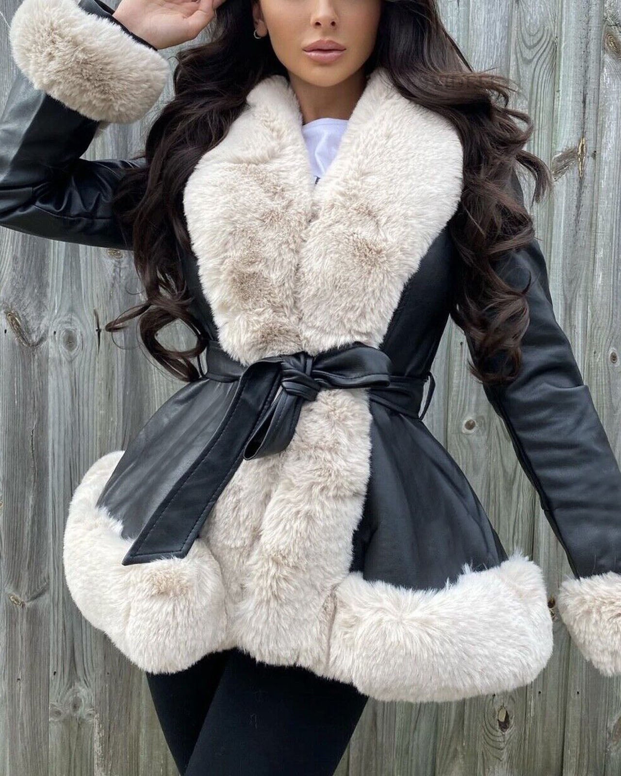 Large fur collar lace-up waist stitching PU leather jacket