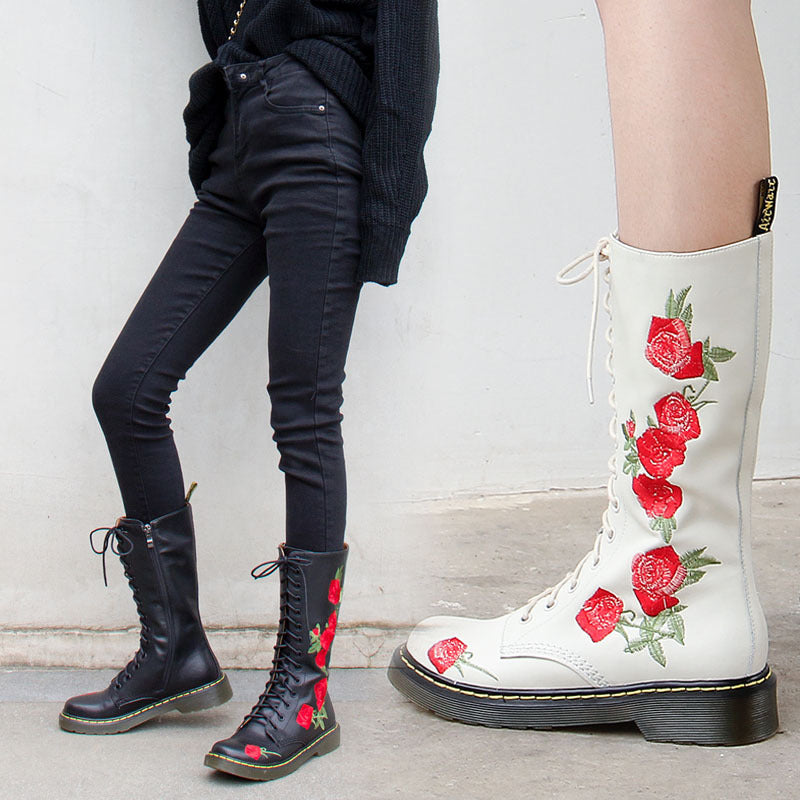 Lace-up embroidered mid-calf boots