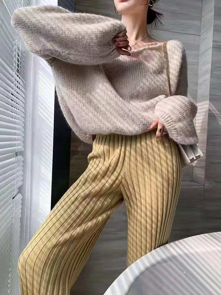 High-waisted draped pitted straight-leg loose knit trousers
