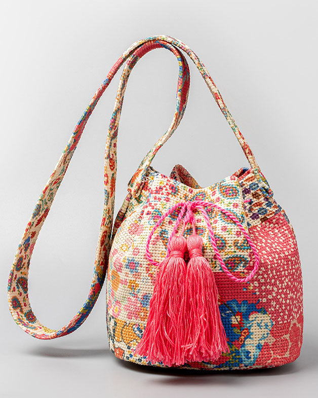 Bohemian printed fringed canvas bucket bag