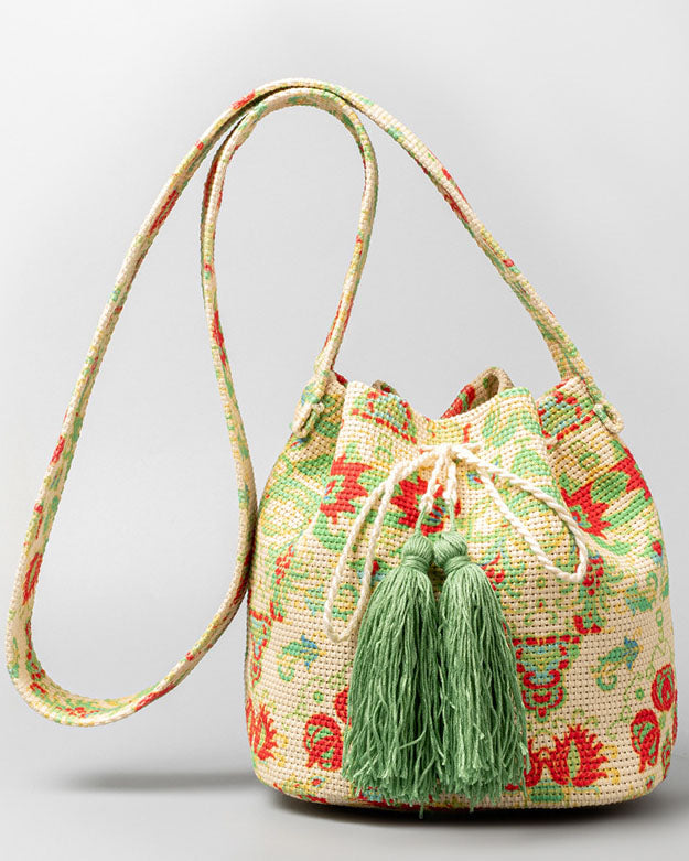 Bohemian printed fringed canvas bucket bag