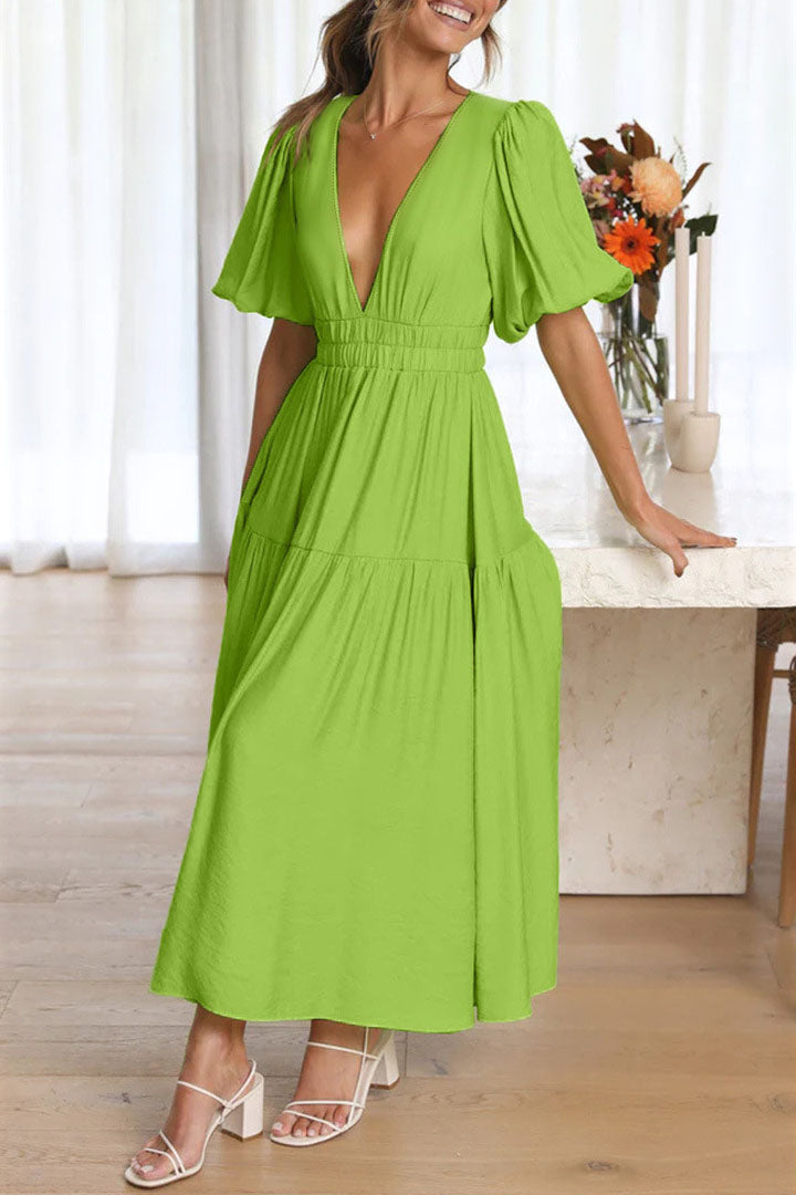 Lantern Sleeve V-neck Cinched Waist Midi Dress