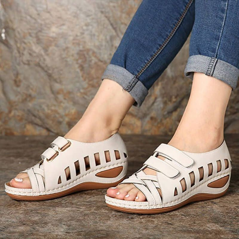 Hollow Velcro Slope Heel Sandals