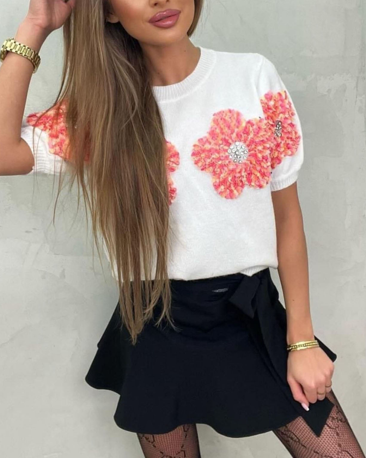 3D Patch Rhinestone Floral Short Sleeve Knit Top