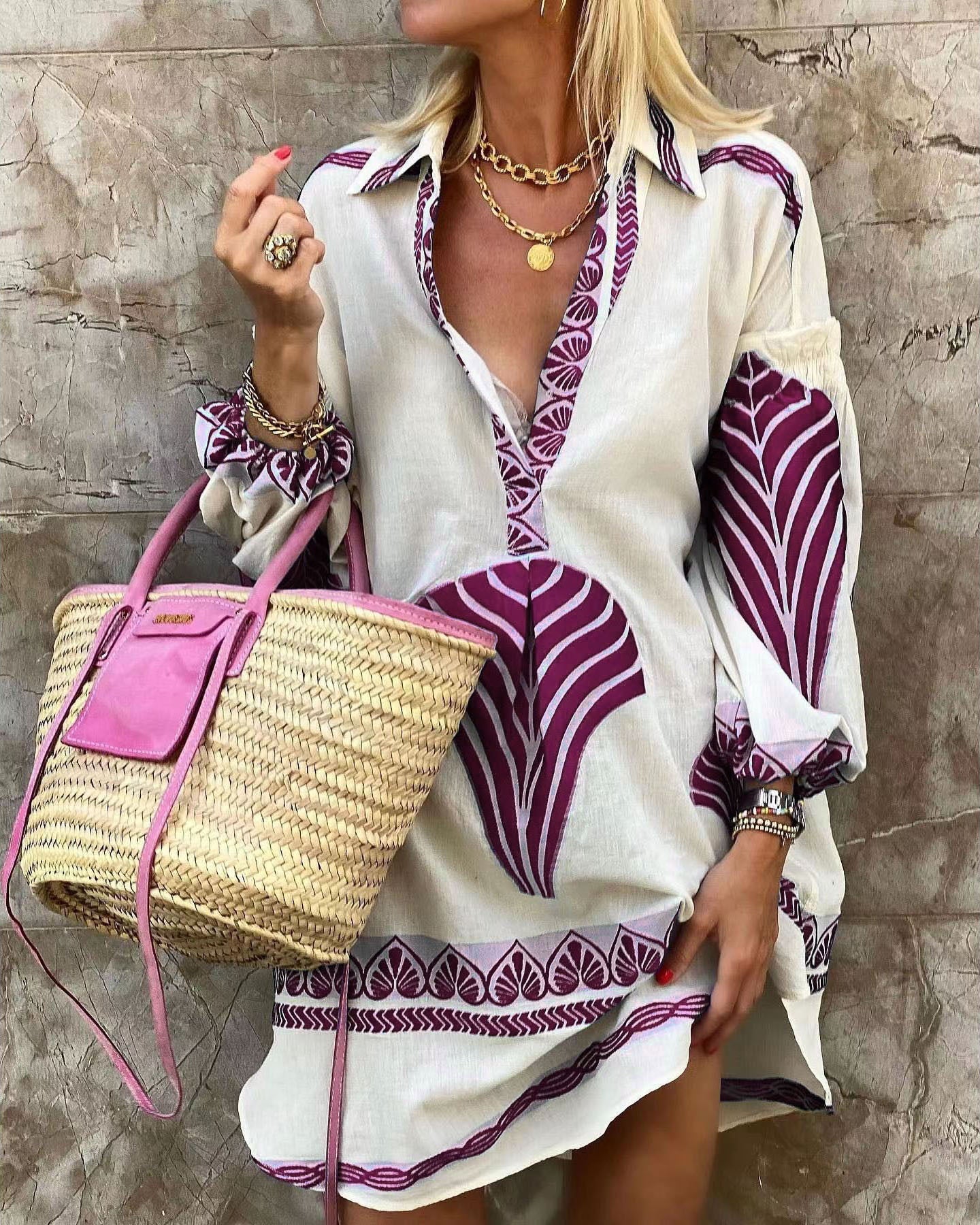 Bohemian Loose Fit Floral Print Vacation Shirt Dress