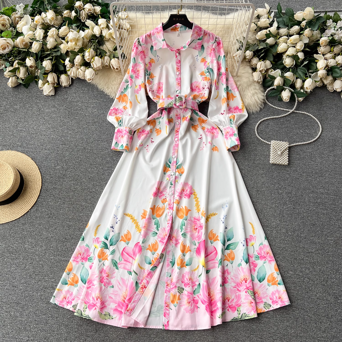 Lantern long-sleeved lapel single-breasted fashion print tie-waist elegant dress