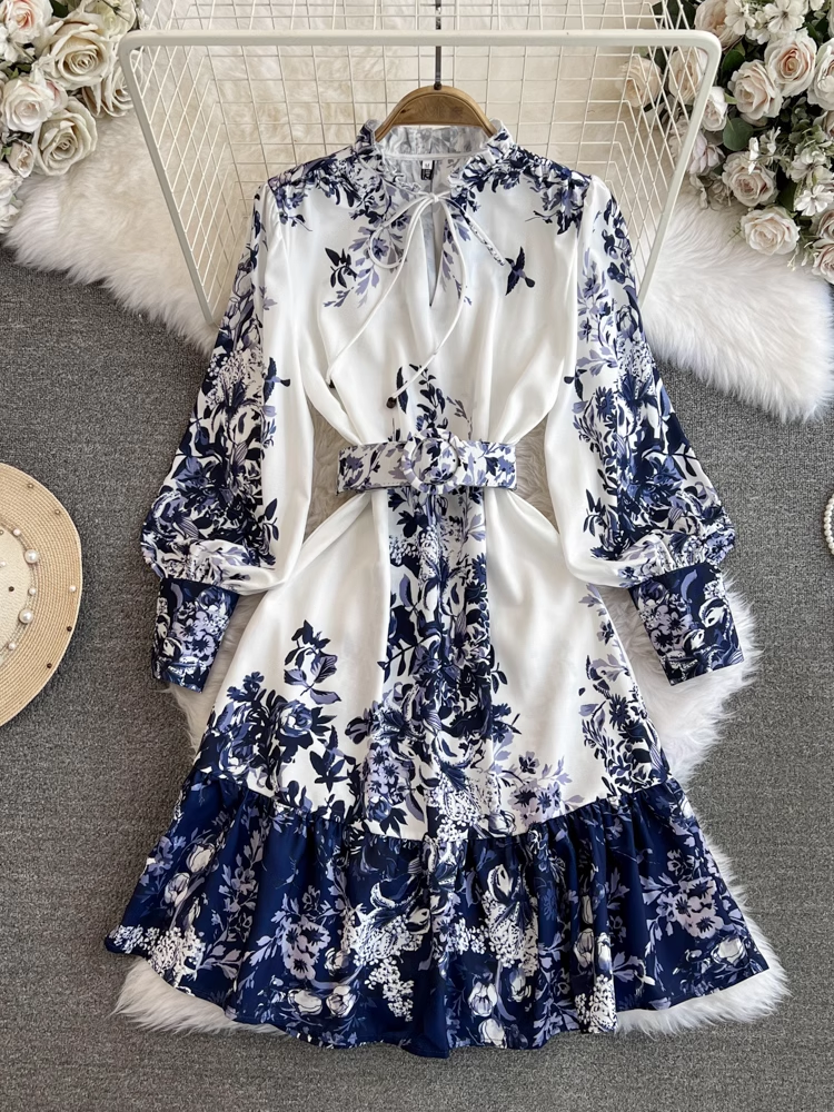 Long sleeve stand collar a line printed dress