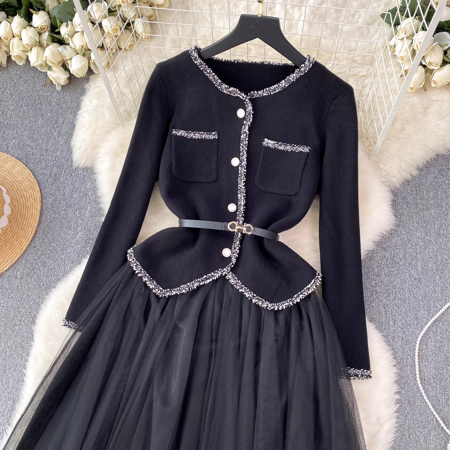 Knitted cardigan versatile suspender dress two-piece suit