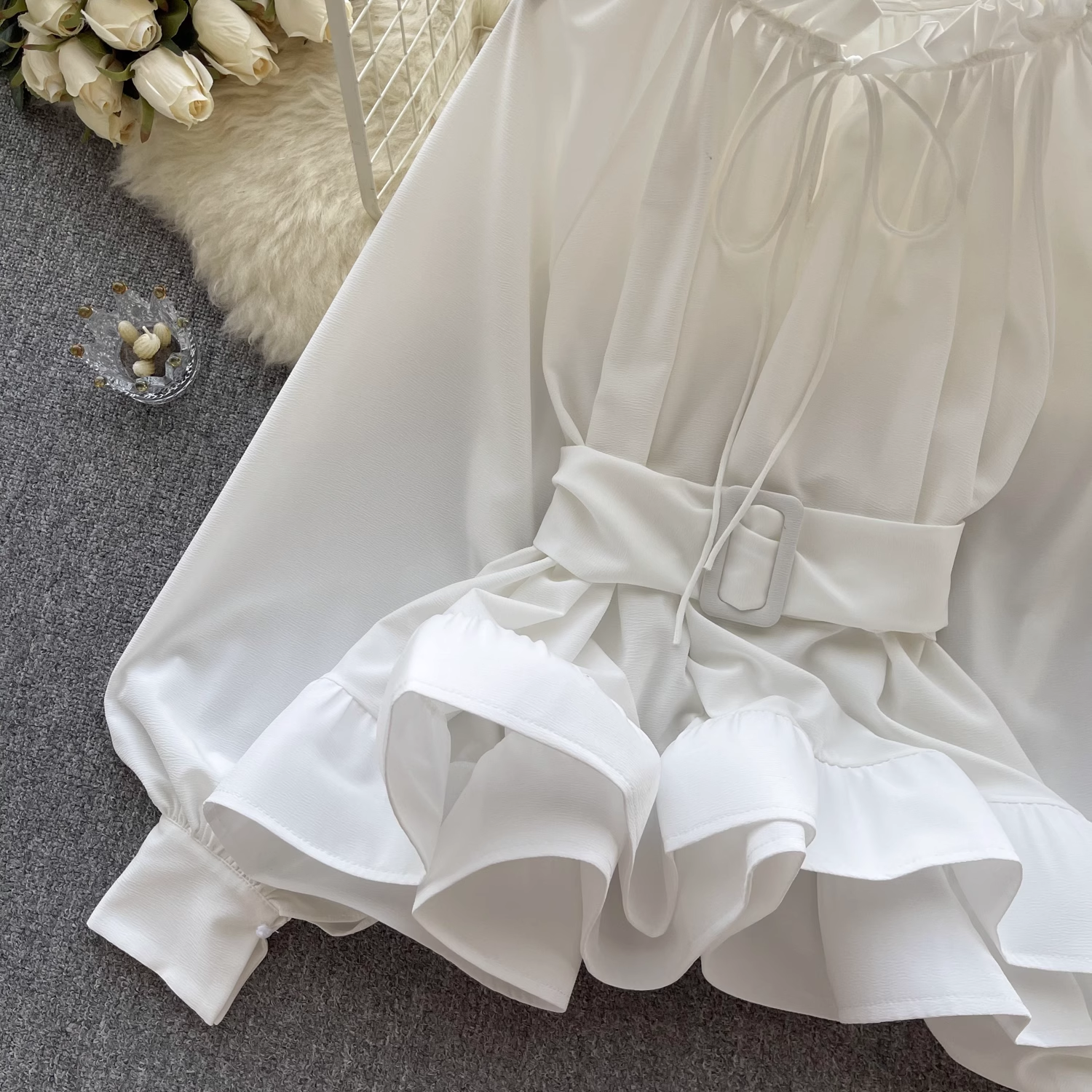 Women's Retro Court Style Waist Belt Ruffle Hem Blouses