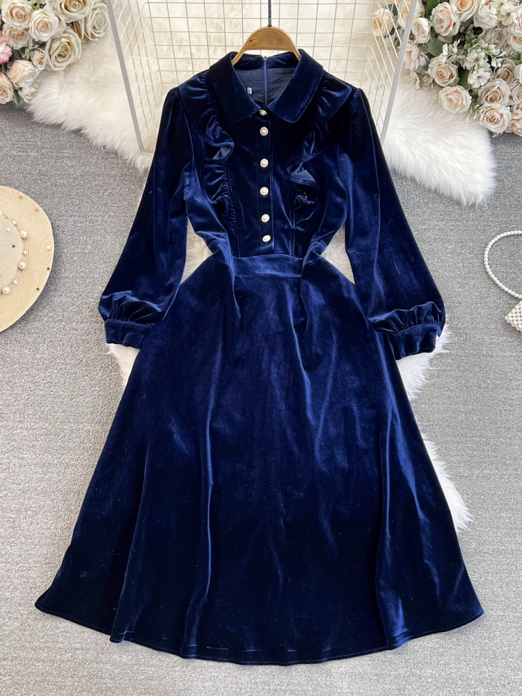 Long sleeve lapel a-line velvet dress