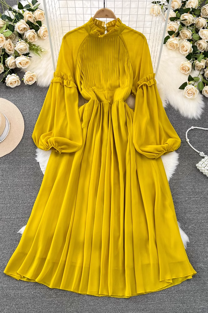 Lantern long sleeve stand collar waist a line pleated chiffon dress