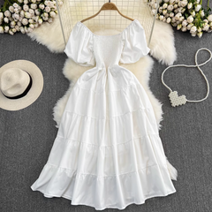 Bubble Short Sleeve Square Neck A-Line Dress Seaside Holiday Swing Long Dress ,