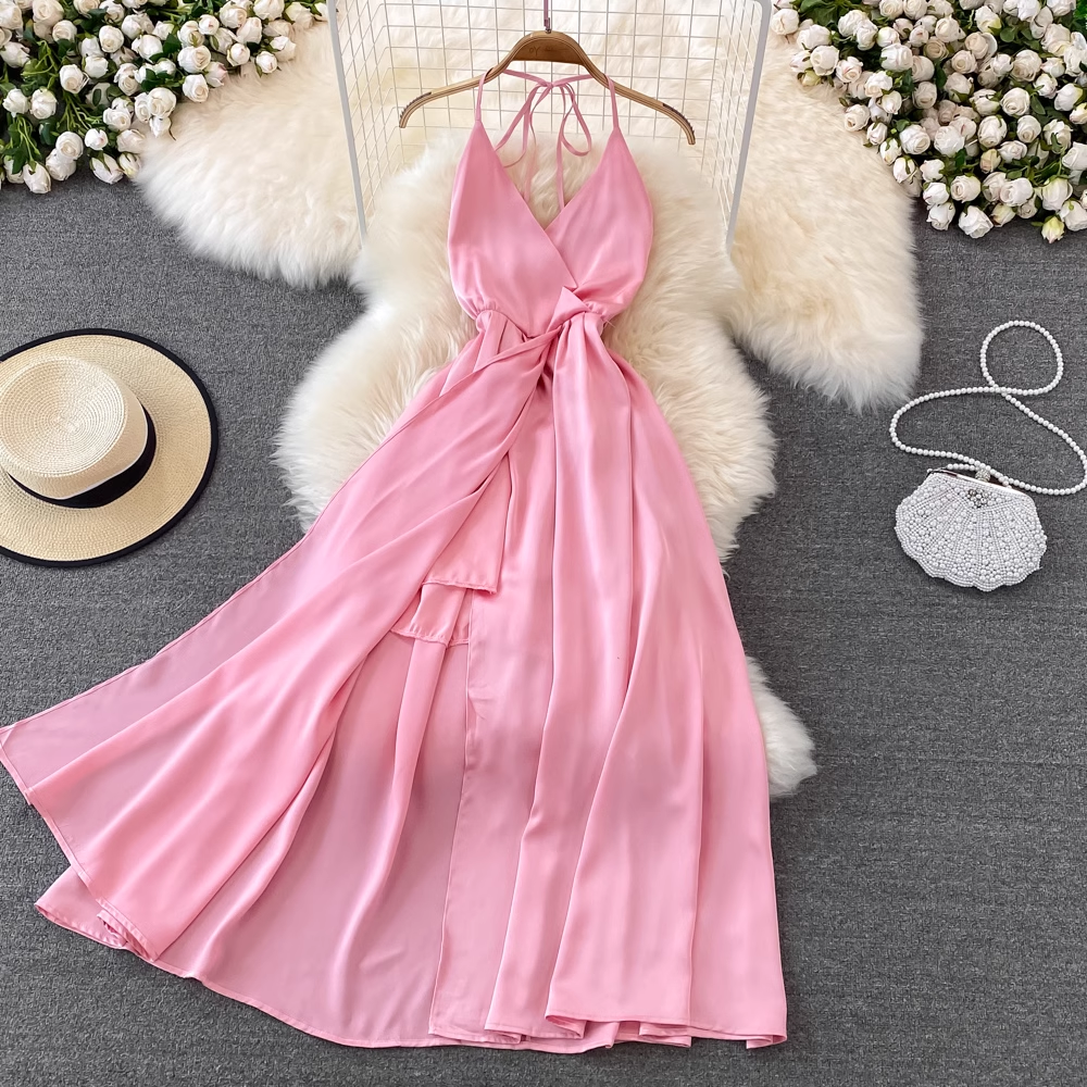 Pink V Neck Backless Summer Dress ,