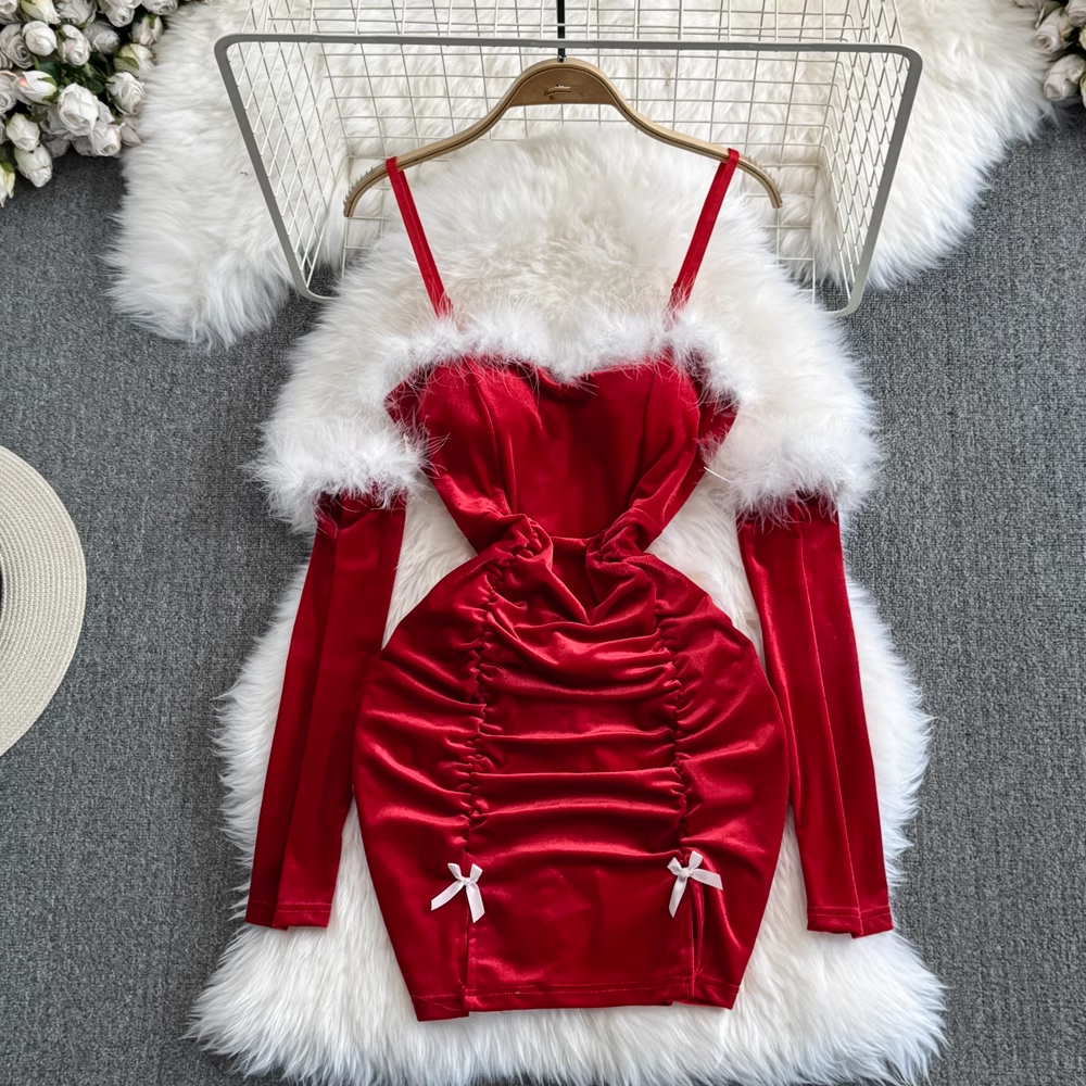 Fashionable Christmas Sexy Furry Patchwork Bodycon Dress with Sleeves