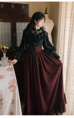 Palace retro long-sleeved lace shirt striped long skirt two-piece dress