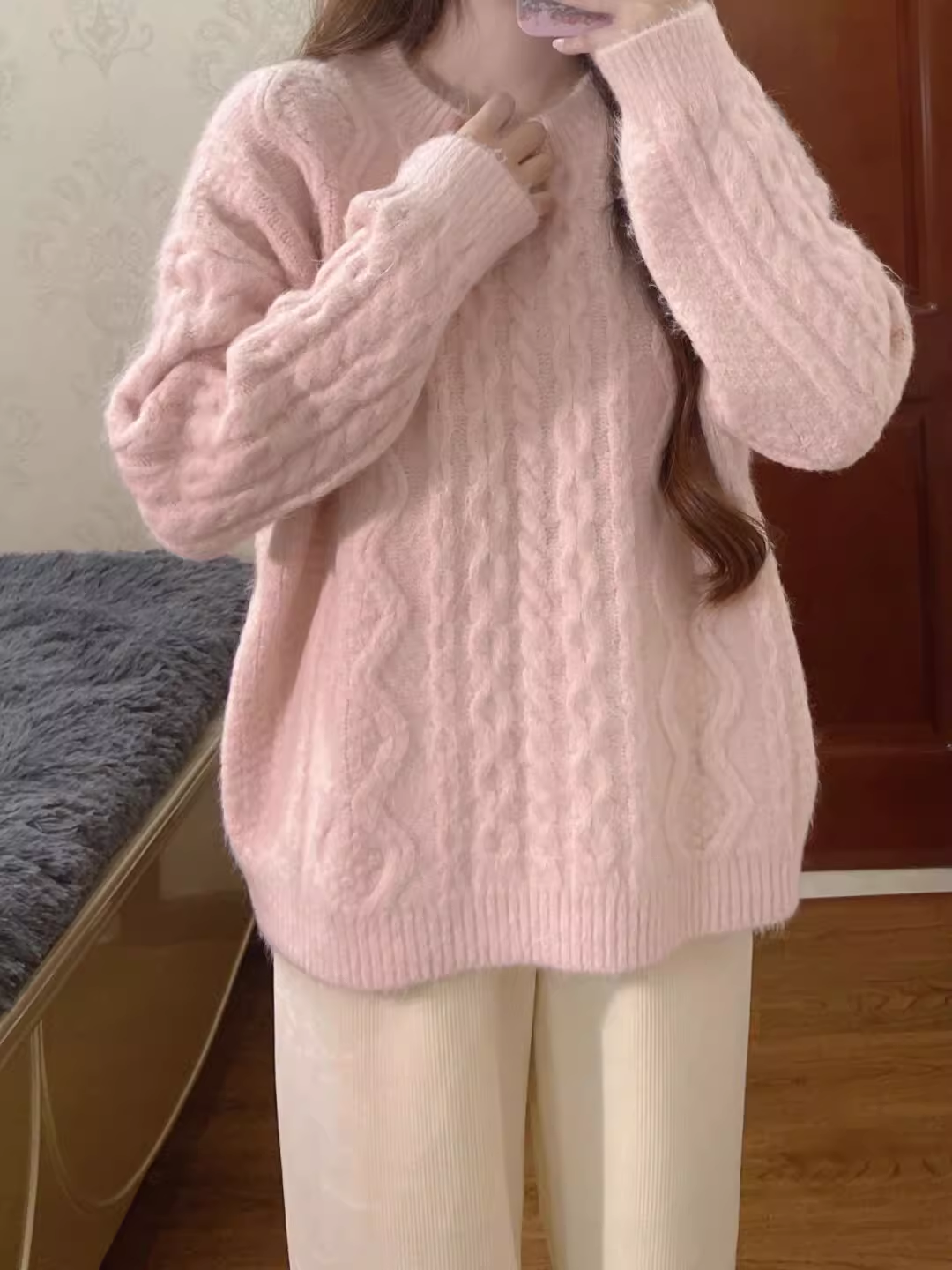 Lazy pink twist knitted sweater