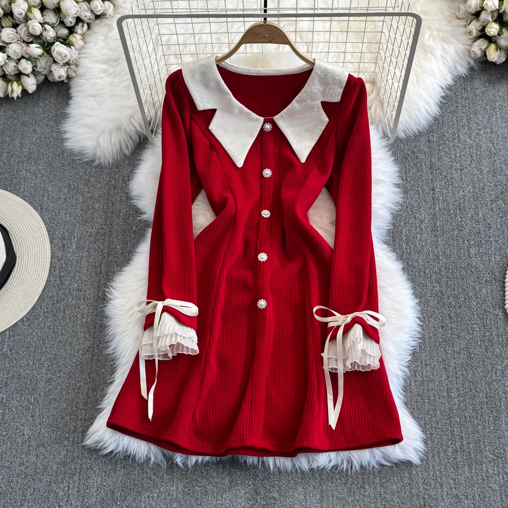 Contrast color doll collar a-line corduroy dress