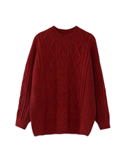 Loose and lazy knitted retro twist New Year and Christmas burgundy sweater for women