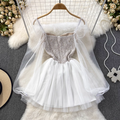 Long-sleeve square neck mesh stitching waist a-line fluffy princess dress summer dress,