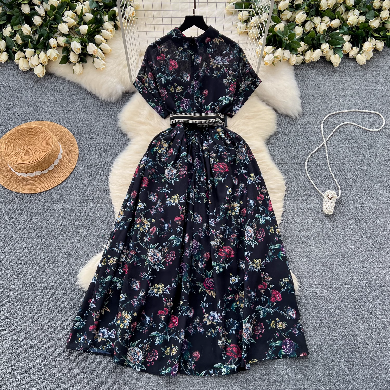 Short sleeve printed vintage chiffon dress