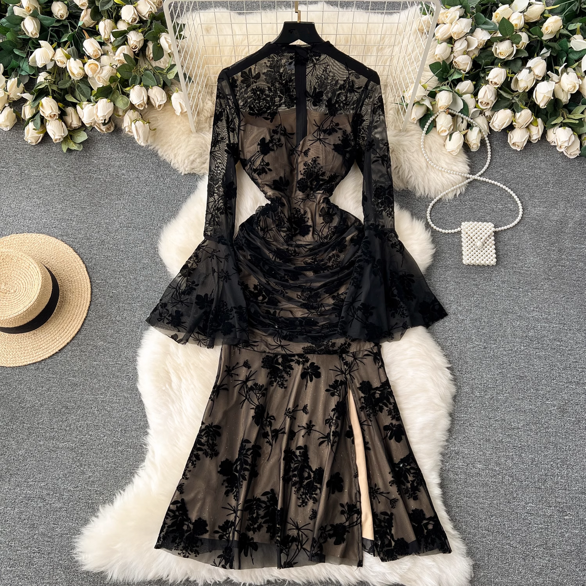 Sexy see-through mesh trumpet sleeve retro printed slit mermaid dress