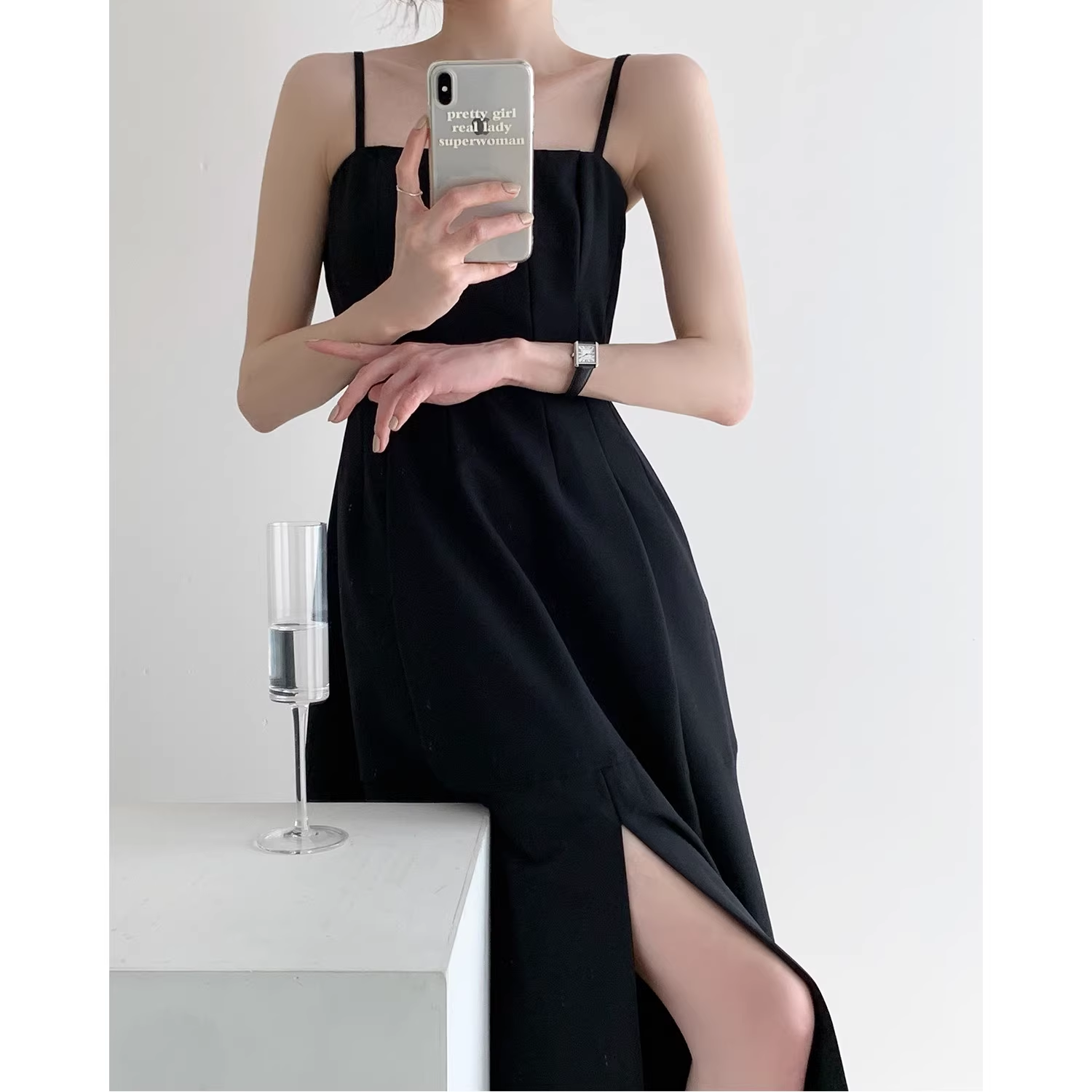 women's slit black dress with suspenders