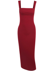 women's red suspender dress