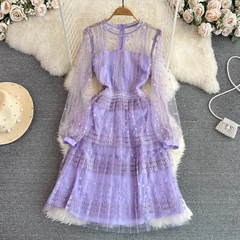 Retro court style round neck lace stitching waist A-line mesh embroidered dress,