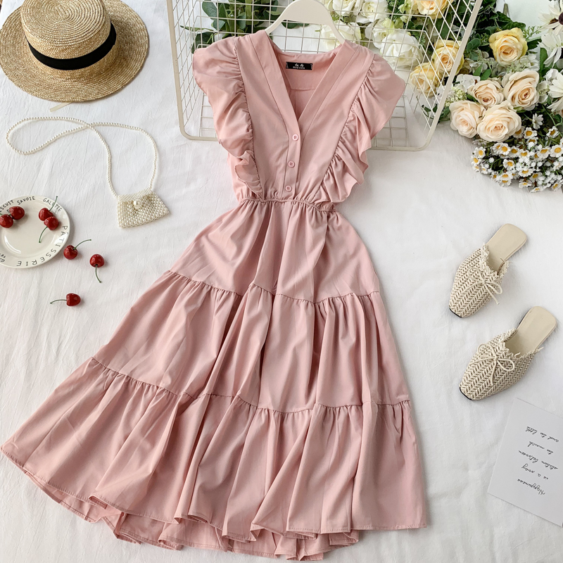 Vintage V-neck ruffled sleeveless Summer Dress,