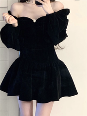 women's black velvet dress autumn and winter