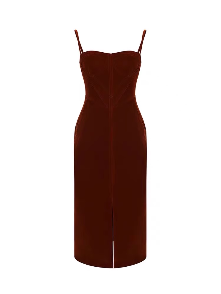 Retro high-end red velvet slit suspender dress