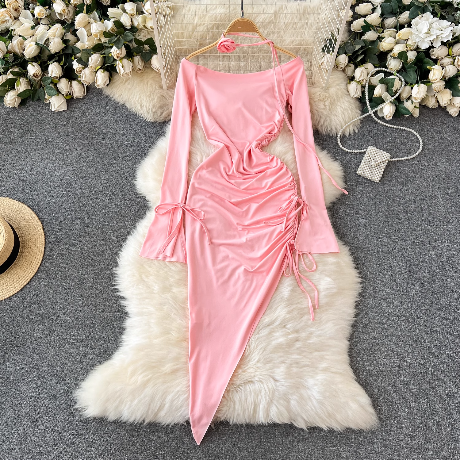 Flared long-sleeve slim fit shirred irregular bodycon dress