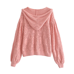 Hollow out design short Pink Knitted Hooded Sweater,