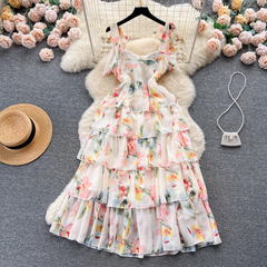 Women's suspender floral dress summer chiffon dress