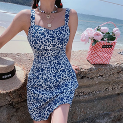 Retro square collar blue floral dress